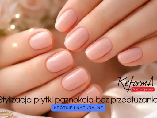 Dłonie z krótkimi, naturalnymi paznokciami w delikatnym, różowym odcieniu. Stylizacja płytki paznokcia bez przedłużania.