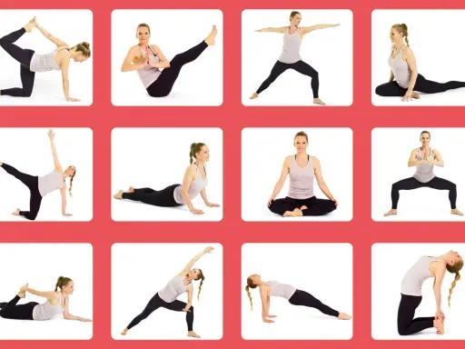 En kvinna utför olika yogapositioner. Bilden kan användas för guidad meditation på svenska.