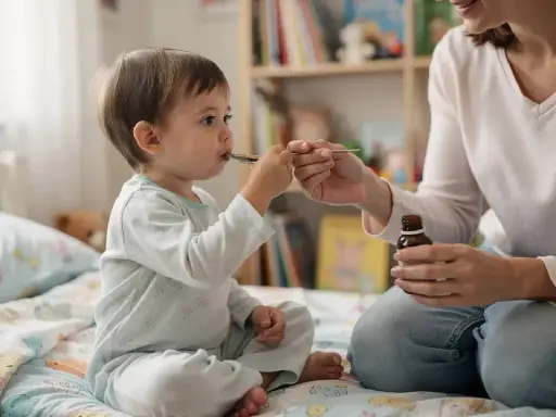Mama podaje dziecku syrop na uspokojenie. Maluch siedzi na łóżku, przyjmując lek z łyżeczki.