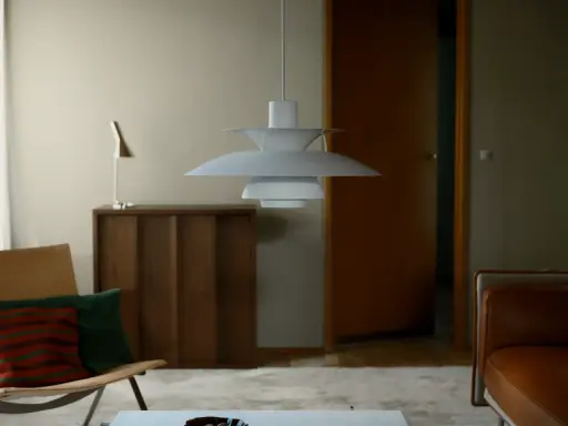 En ikonisk PH-lampa från Poul Henningsen hänger över ett vardagsrum med en läderfåtölj och en träbyrå.