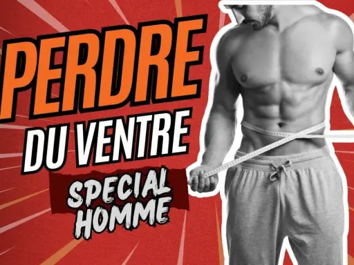 Homme musclé mesurant sa taille pour maigrir du ventre. Le texte "Perdre du ventre spécial homme" est affiché.