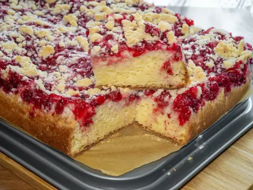 Puszyste ciasto drożdżowe z malinami i kruszonką. Idealne na deser, gdy szukasz sprawdzonego ciasto drożdżowe przepis.