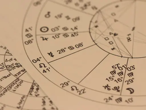 Zbliżenie na papier z symbolami i liczbami, ukazujące astrologia wedyjska kosmogram.
