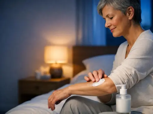 Donna anziana applica crema sul braccio per alleviare il prurito notturno nel letto. Luce soffusa da una lampada da comodino.