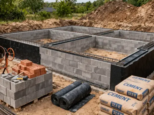 Budowa fundamentów domu w toku. Betonowe bloki tworzą ściany, zbrojenie czeka na zalanie. W pobliżu betoniarka i worki z cementem.