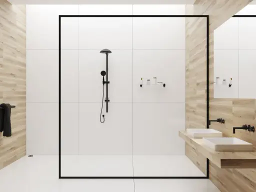 Modernes Badezimmer mit Dusche und Doppelwaschbecken. Ein durchlauferhitzer für dusche und waschbecken sorgt für warmes Wasser.
