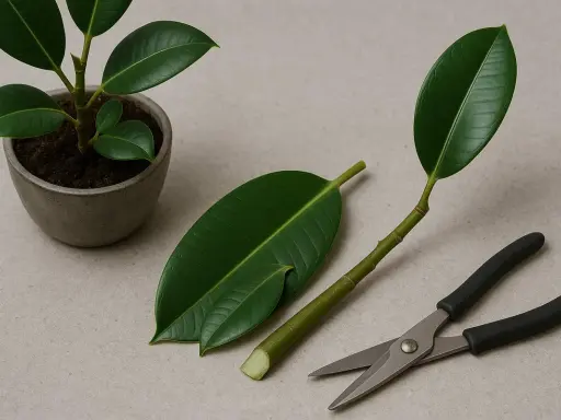 Gummibaum schneiden: Ein kleiner Gummibaum im Topf, ein abgeschnittener Trieb mit zwei Blättern und eine Gartenschere liegen bereit.