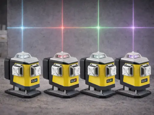 Cztery żółto-czarne poziomice laserowe emitujące kolorowe linie krzyżujące się na szarym tle.
