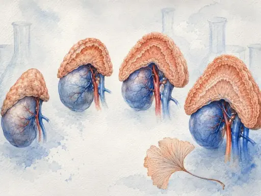 Anatomical illustration of adrenal glands atop kidneys. DHEA co to? Badania naukowe, symbolizują je szkice naczyń laboratoryjnych i liść miłorzębu.