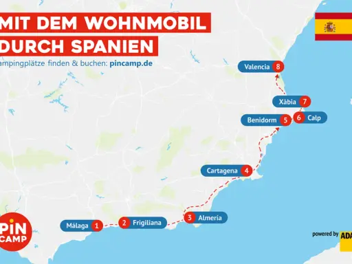 Reisekarte für Wohnmobil-Sightseeing in Spanien: Málaga, Frigiliana, Almería, Cartagena, Benidorm, Calp, Xàbia und Valencia.