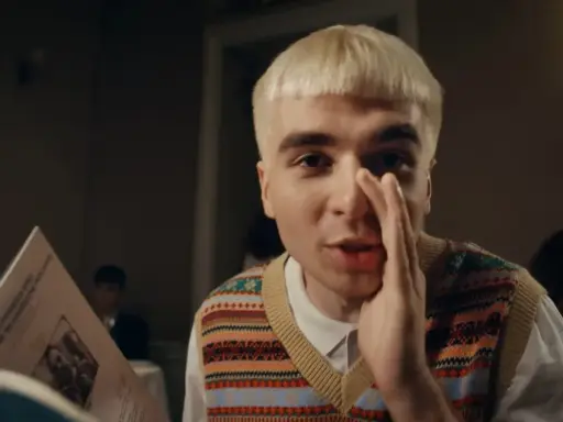 Młody mężczyzna z blond fryzurą, w kamizelce z kolorowym wzorem, trzyma rękę przy ustach, jakby coś szeptał. Obok niego leży blok mata tekst.