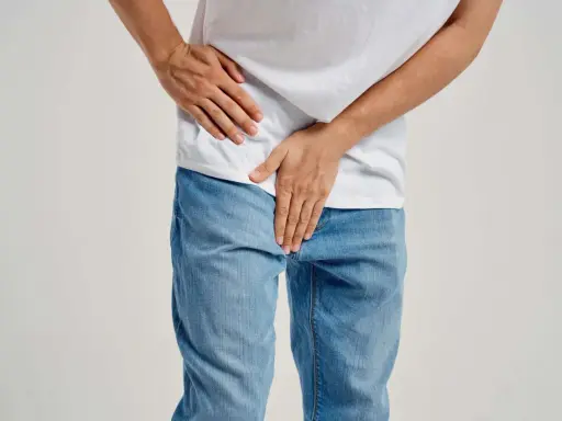 Mężczyzna trzyma się za podbrzusze, co może sugerować zapalenie prostaty objawy.