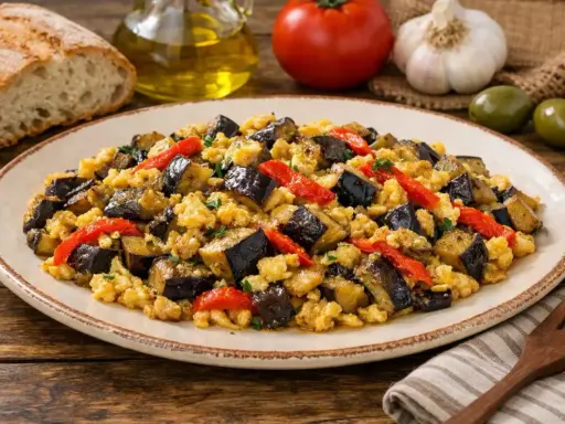 Zarangollo murciano, un plato tradicional con berenjenas, pimientos y huevo revuelto, servido en un plato rústico.