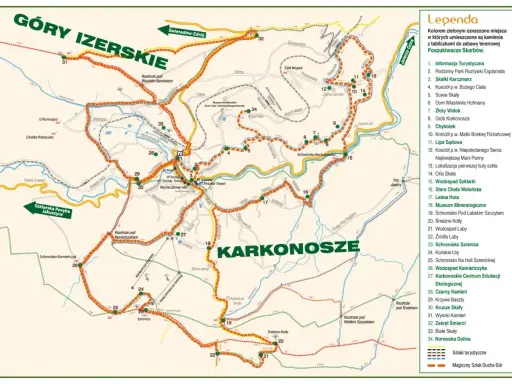 Mapa Karkonoszy i Gór Izerskich z zaznaczonym szlakiem na Szrenicę. Punkty turystyczne i szlaki piesze.