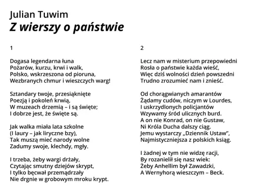 Julian Tuwim, "Z wierszy o państwie". Fragment wiersza, w którym pojawia się elegia o chłopcu polskim interpretacja.