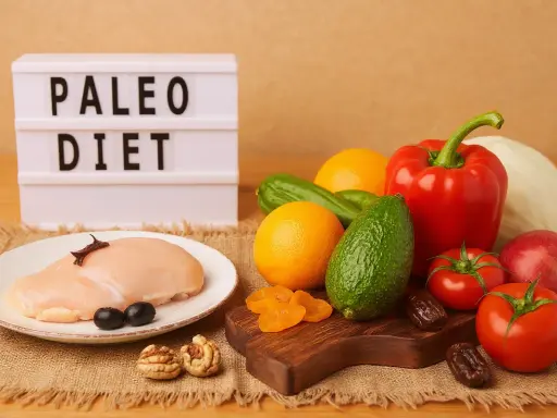 Na stole świeży kurczak, warzywa i owoce. Tablica z napisem "PALEO DIET" sugeruje zdrowe odżywianie.