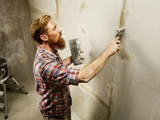Man med skägg spacklar en vägg med gips spackel.