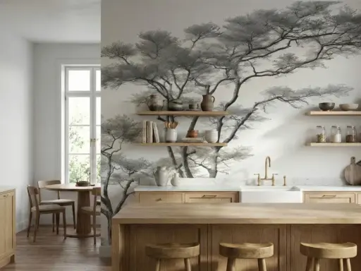 Une cuisine moderne avec des armoires en bois clair et une magnifique tapisserie murale d'arbres en noir et blanc. Une excellente idée tapisserie cuisine pour une ambiance zen.