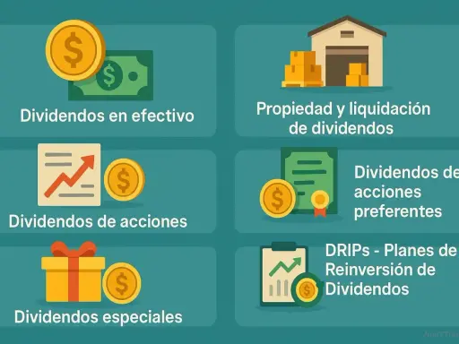 Ilustración de varios tipos de dividendos: en efectivo, de acciones, preferentes, especiales y DRIPs (planes de reinversión de dividendos).