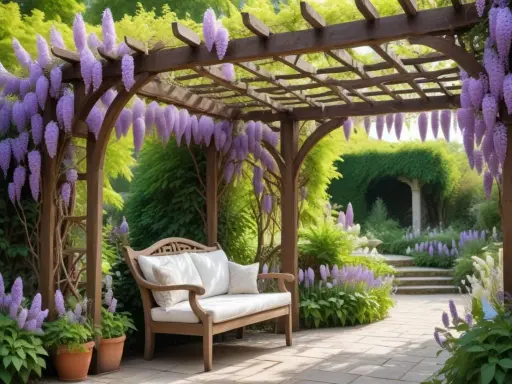 En träpergola med hängande blåregn och en bänk inbjuder till avkoppling i en lummig trädgård.