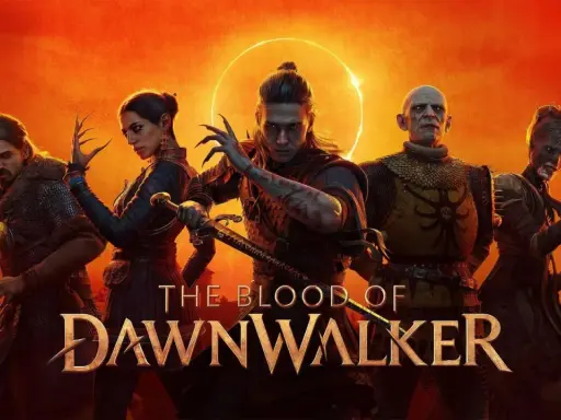Pięcioro bohaterów, w tym wojownicy i istoty o mrocznym wyglądzie, stoi na tle krwistego nieba. Tytuł gry "The Blood of Dawnwalker" sugeruje epicką opowieść.