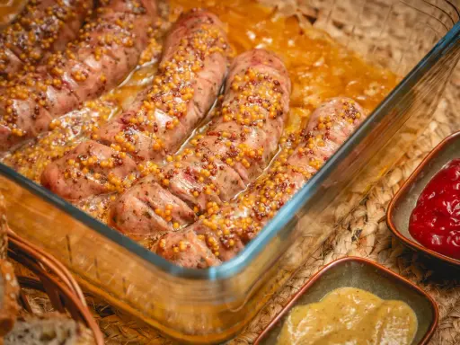 Pyszna biała kiełbasa w piwie, posypana ziarnami gorczycy, pieczona w szklanym naczyniu. Obok sosy i chleb.