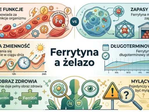 Ferrytyna co to? Wykresy pokazują, jak ferrytyna magazynuje żelazo, jego dzienne wahania i długoterminowy stan.