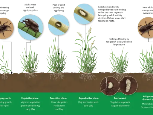 Life cycle of bill bugs, showing overwintering adults, mating, egg-laying, larvae feeding on stems and roots, pupation, and new adults emerging.