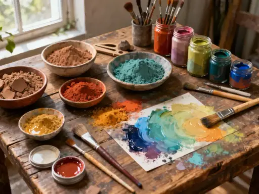 Pots de pigments naturels colorés, prêts pour une recette de colle naturelle. Pinceaux et palette de couleurs sur un établi en bois.