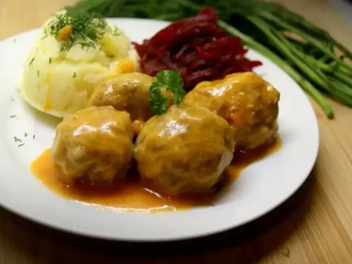 Pulpety w sosie pomidorowym bez smażenia, podane z puree ziemniaczanym i buraczkami. Pyszny, domowy obiad.