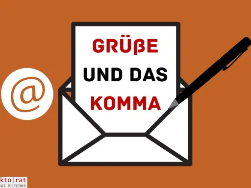 Umschlag mit Stift und Text "Grüße und das Komma" sowie @-Symbol.