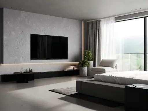 Elegancka ściana z telewizorem w minimalistycznym wnętrzu. Betonowa faktura, dyskretne oświetlenie i widok na góry.