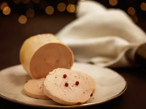 Tranche de foie gras, une des spécialités culinaires Dordogne, assaisonnée de poivre et de baies roses sur une assiette blanche.
