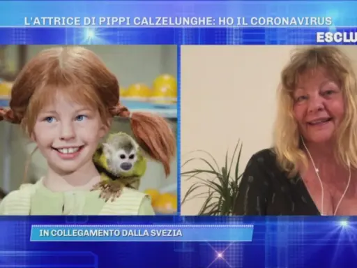 Pippi Calzelunghe a 70 anni: l'attrice Inger Nilsson, con il suo scimmiotto, in collegamento dalla Svezia.