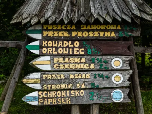 Drewniany drogowskaz w lesie, wskazujący szlaki turystyczne. Na tabliczkach widnieją nazwy takie jak "Puszcza Jahorola", "Kowadło Orłowiec" i "Schronisko Paprsek", a także odległości.