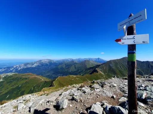 Widok z **Starorobociańskiego Wierchu** na Tatry Zachodnie. Szlak turystyczny wije się po zielonych grzbietach.