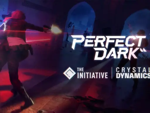 Akcja gry Perfect Dark: dwie postacie w dynamicznej strzelaninie, w tle logo gry i studia Crystal Dynamics.