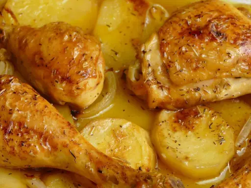 Pollo asado con patatas y cebolla, una de las mejores recetas con pollo para disfrutar en familia.