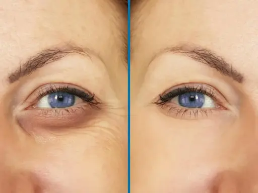 Antes y después de un tratamiento para cómo quitar las ojeras. Se observa una mejora notable en la zona debajo del ojo.