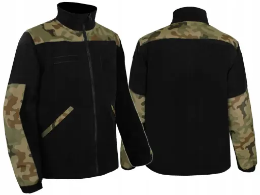 Czarna bluza z naszywkami i kamuflażem na ramionach i kołnierzu, idealna dla miłośników stylu militarnego. Bluza grom.