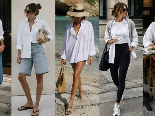 Cinque look con tubino nero e camicia bianca: casual con jeans, elegante con gonna di paillettes, da spiaggia e da città.