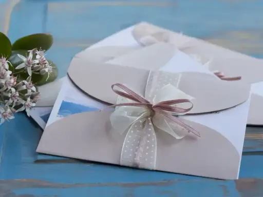 Eleganckie zaproszenia ślubne z kokardkami. Jak odmówić wesele, gdy nie możesz przybyć? Delikatne kwiaty dodają uroku.