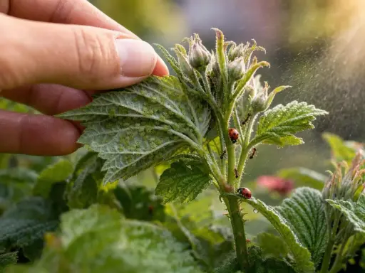 Main de jardinier inspectant une feuille de fraisier infestée de pucerons. Des coccinelles et des fourmis sont présentes, suggérant un traitement naturel contre les pucerons.