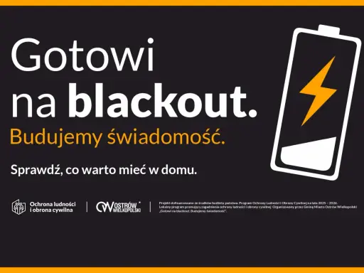 Gotowi na blackout. Budujemy świadomość. Sprawdź, co warto mieć w domu, by przygotować się na skutki przerwania dostaw energii elektrycznej. Ikona baterii symbolizuje gotowość.
