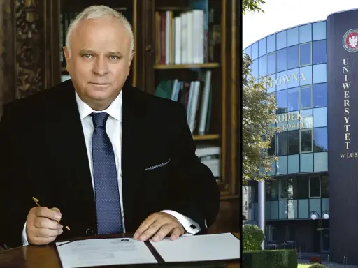 Rektor w gabinecie, obok budynek Uniwersytetu z napisem "Uniwersytet Przyrodniczy w Lublinie".