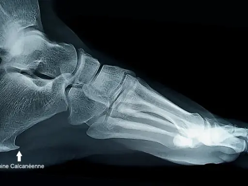 Radiographie latérale du pied montrant une épine calcanéenne, indiquant la nécessité d'une prise en charge adaptée.