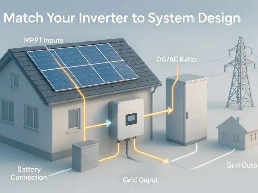 Schema för solcellssystem: solpaneler på taket, växelriktare, batteri och elnät. Förklarar vad betyder ac och dc i detta sammanhang.