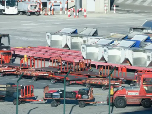 Röda lastbilar och vagnar med bagage på en solig yta vid teneriffa flygplats. En gaffeltruck står redo.