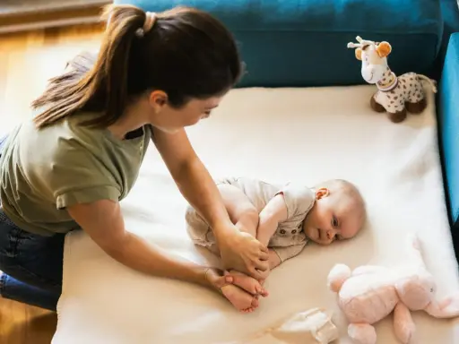 Mama bawi się z 3 miesięcznym dzieckiem, delikatnie masując jego stópki. Obok leżą pluszowe zabawki.