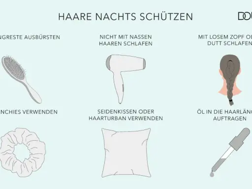 Tipps für die perfekte Frisur zum Schlafen: Stylingreste ausbürsten, nicht mit nassen Haaren schlafen, lockeren Zopf tragen, Scrunchies nutzen, Seidenkissen verwenden und Öl auftragen.